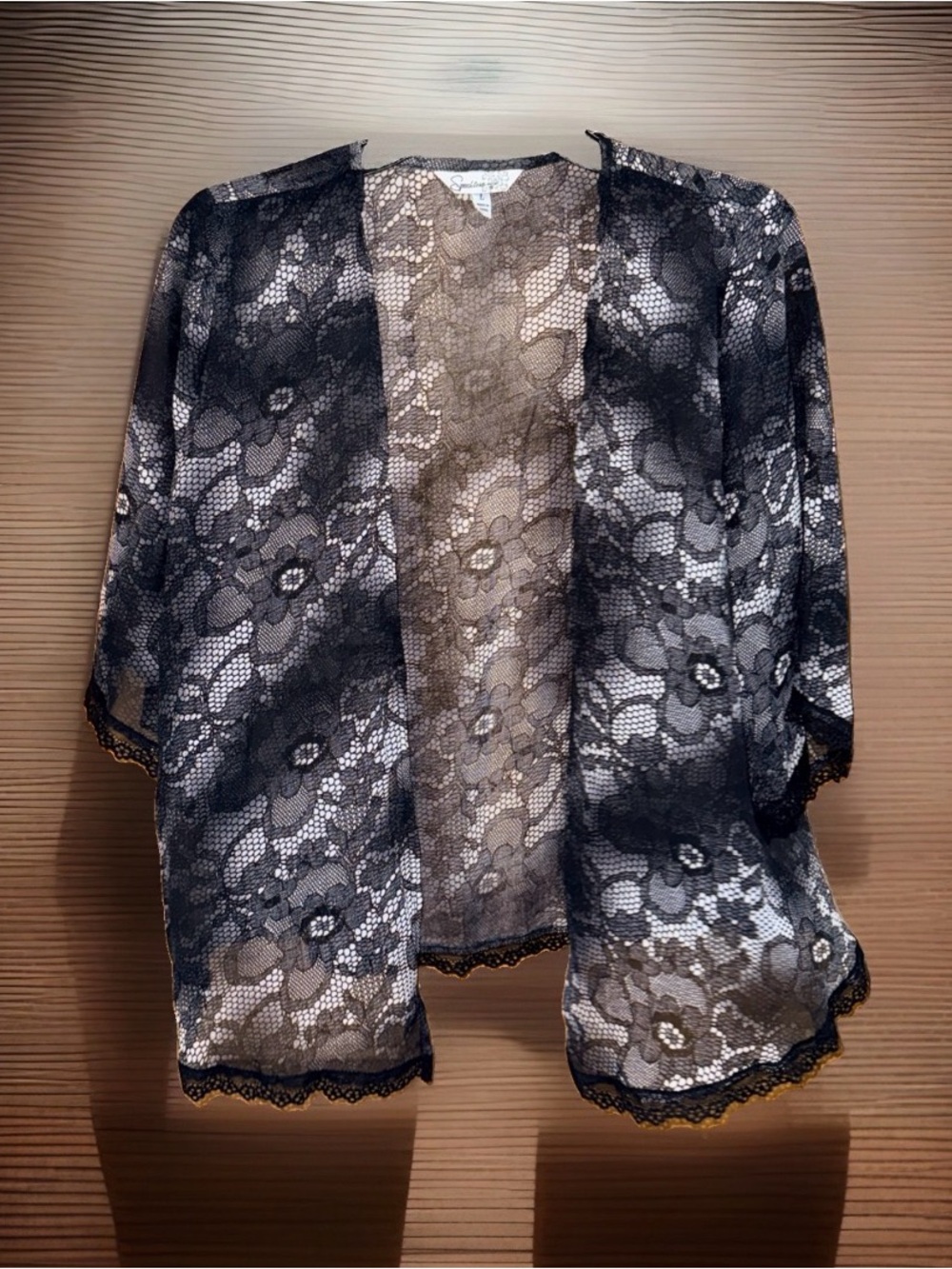 Speechless Black and White Floral Sheer Kimono Cardigan w/Black Lace Trim—L-EC